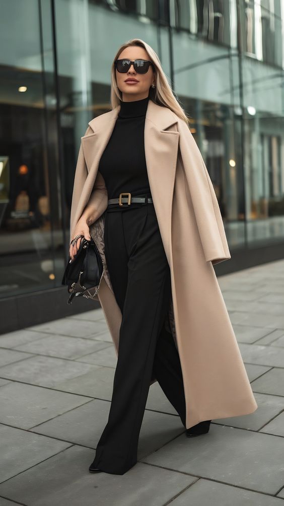 Девушка в классическом бежевом плаще и светлой одежде