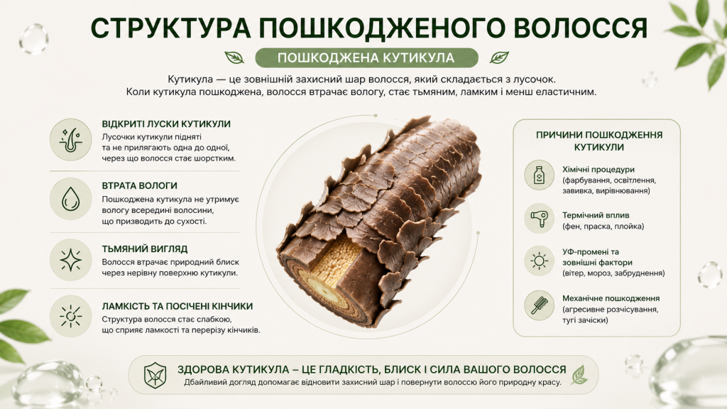 Структура пошкодженого волосся -  пошкоджена кутикула