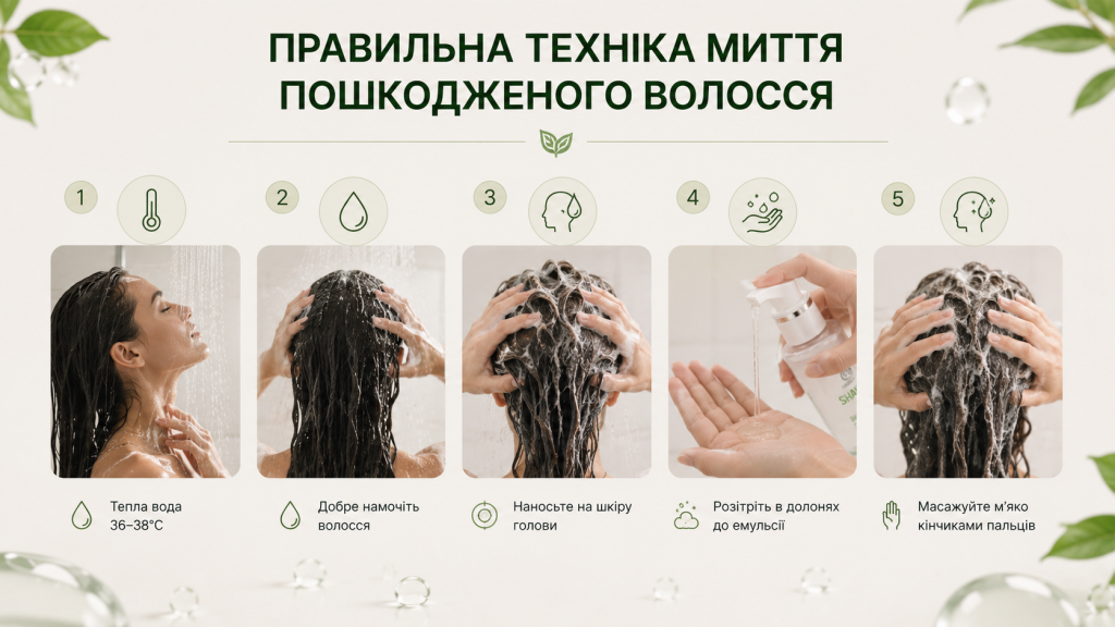 Правильна техніка миття пошкодженого волосся-  температура води і нанесення шампуню]