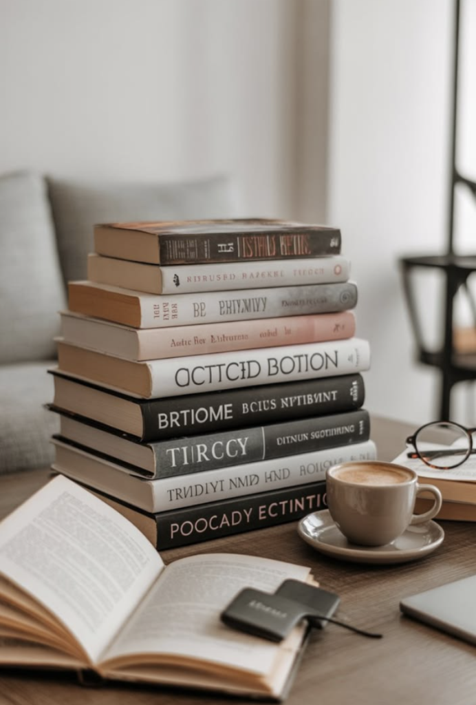 Книжный столик со свечой и чашкой чая